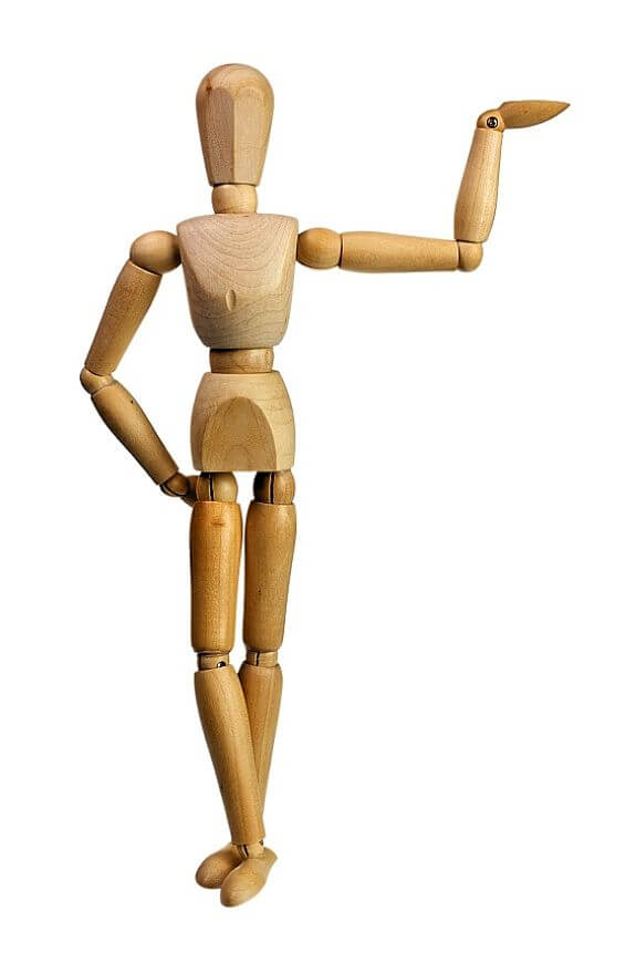 Wooden mannequin using one hand to support isolated on white background