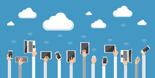 hosting your art website graphic showing people holding devices up to the cloud 